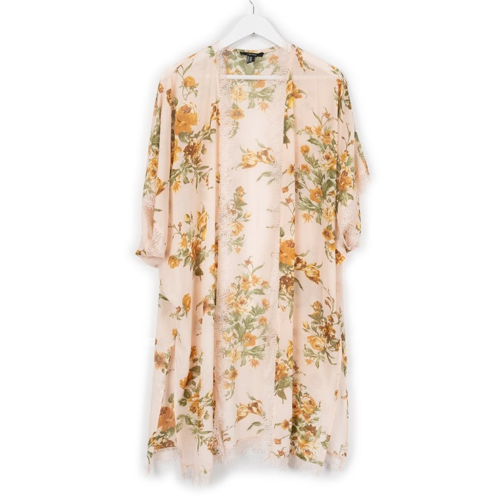 FOREVER 21 light pink sheer poolside kimono top with floral print size S